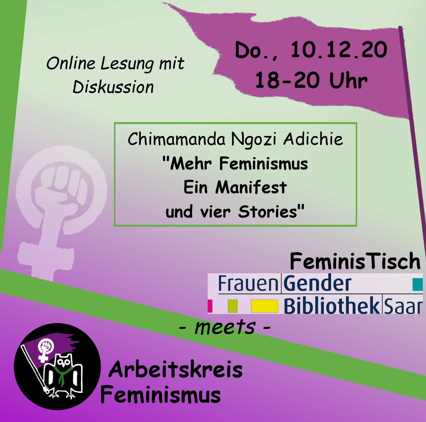 „FeminisTisch“ Spezial mit AK Feminismus: Lesung und Gespräch zu „Mehr Feminismus! Ein Manifest und vier Stories “ am Donnerstag, 10. Dezember 2020, von 18 bis 20 Uhr