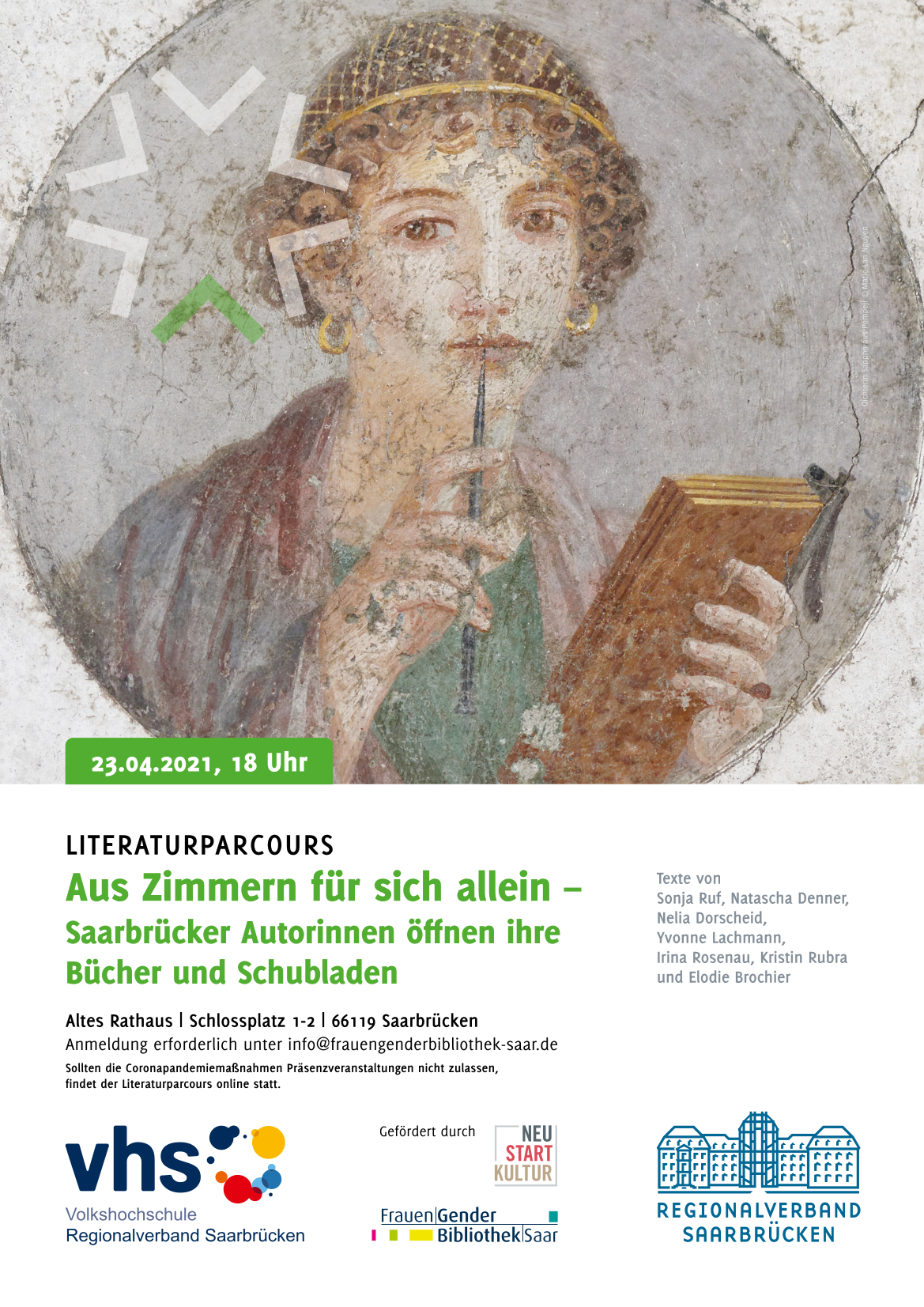 Literaturparcours mit Saarbrücker Autorinnen am Freitag, 23. April 2021, um 18 Uhr (ONLINE)
