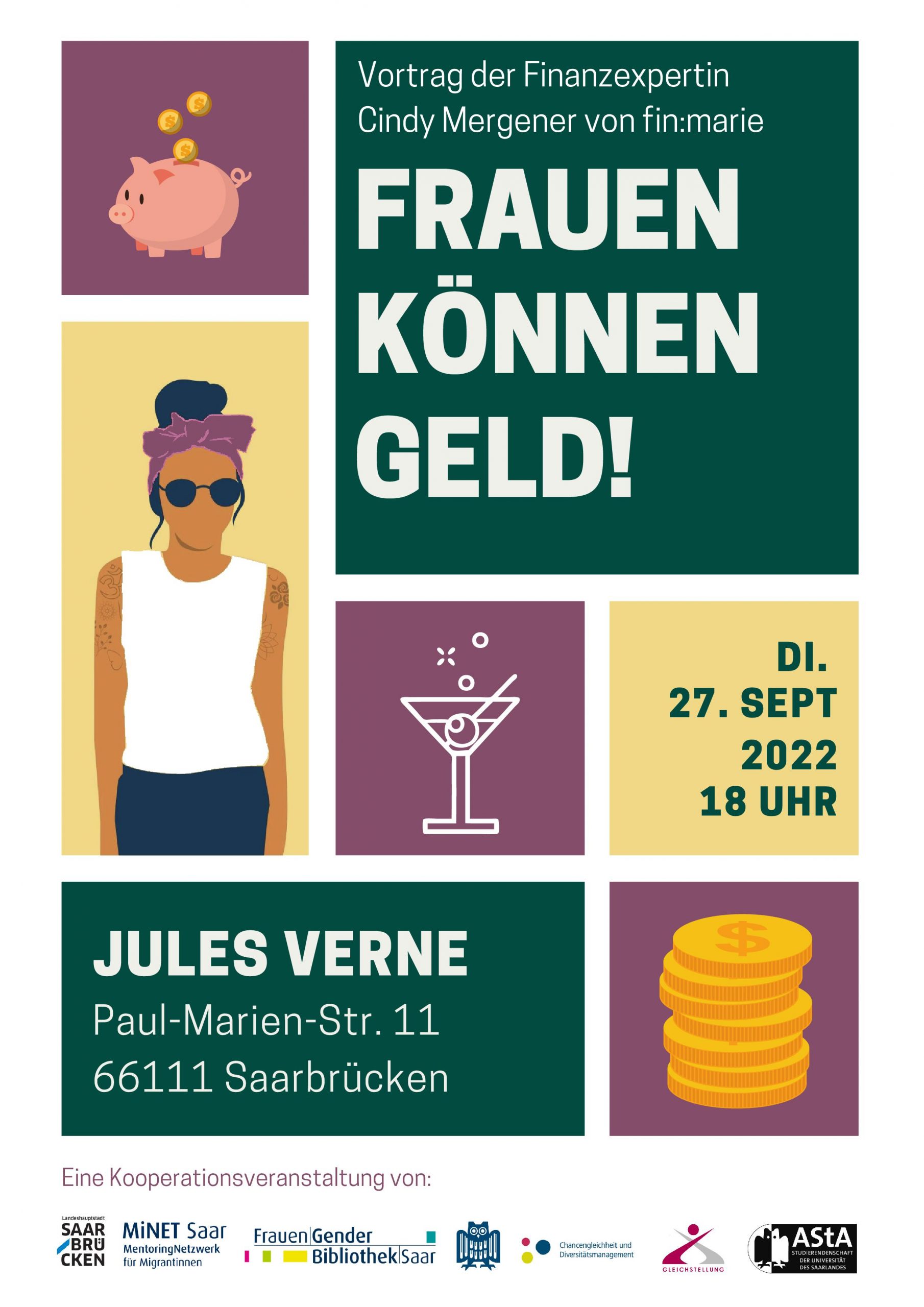 „Frauen können Geld“ am Dienstag, 27.9.2022, um 18 Uhr im Jules Verne in Saarbrücken
