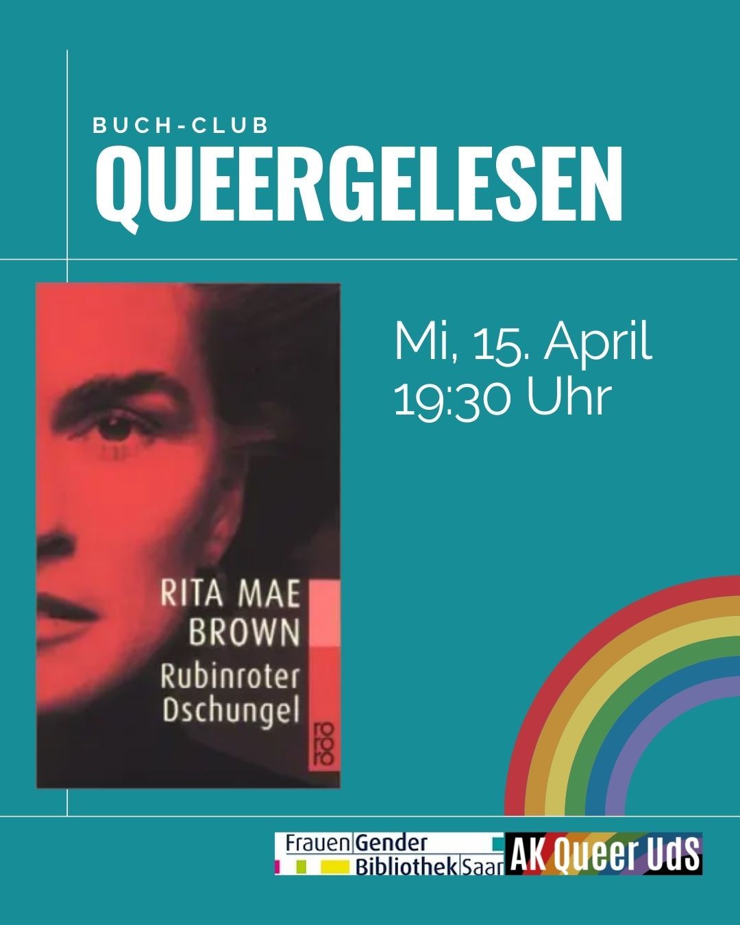 „Queergelesen“ am 15.4.2026 mit „Rubinroter Dschungel“ von Rita Mae Brown
