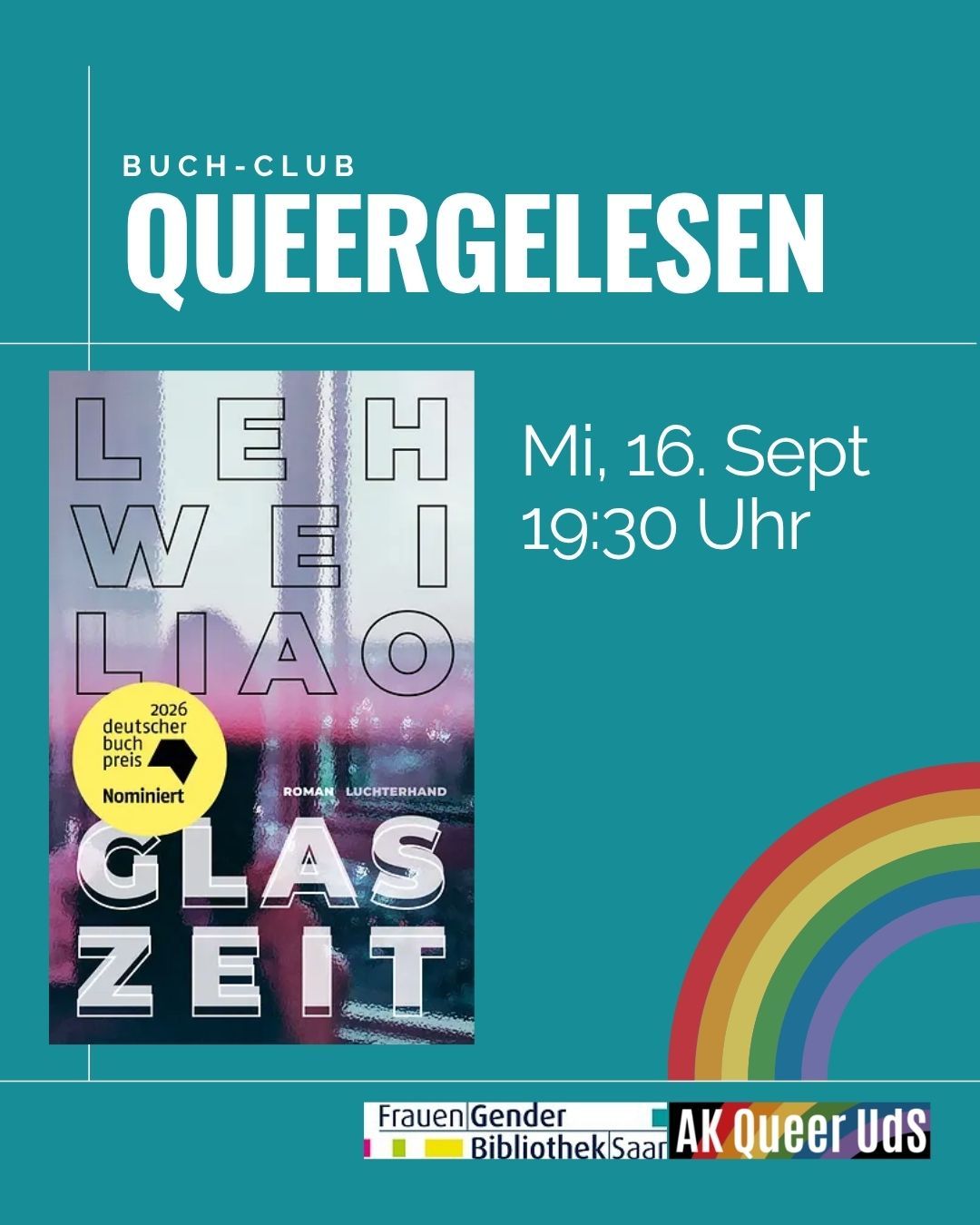 „Queergelesen“ am 16.9.2026 mit „Glaszeit“ von Leh-Wie Liao